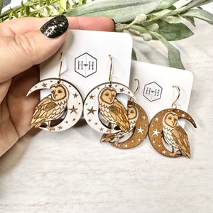 Barn Owl Earrings, Engraved Wood Earrings, Moon Stars Owl Jewelry, Lightweight Earrings, Birthday Gift for Friend, For Sister, For Owl Lover