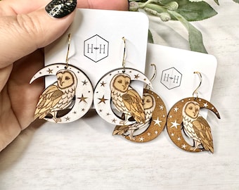 Engraved Barn Owl Earrings: Wood Moon & Stars, Lightweight Jewelry