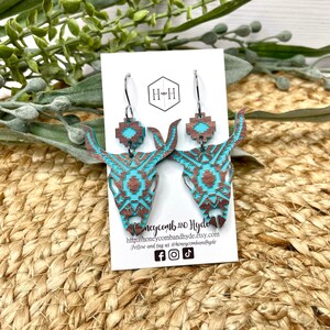 Long Horn Engraved Earrings, Steer Head Boho Western Jewelry, Aztec Jewelry, Lightweight Earrings, Hypoallergenic, Gift for Friend, Sister