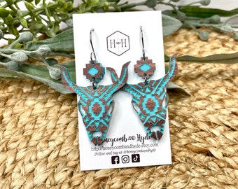 Longhorn Steer Head Earrings: Boho Western Aztec Jewelry
