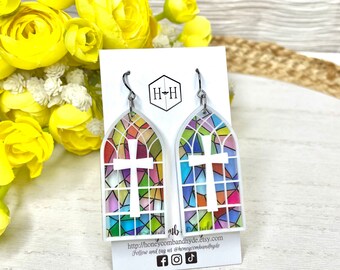 Stained Glass Arch Window with Cross Earrings, Church Window Earrings, Acrylic Earrings, Laser Cut Acrylic Earrings