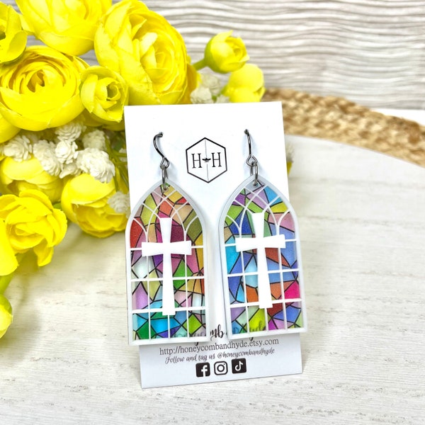 Stained Glass Arch Window with Cross Earrings, Church Window Earrings, Acrylic Earrings, Laser Cut Acrylic Earrings