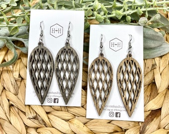 Lightweight Wood Lattice Earrings, Laser Cut and Stained in Walnut or Ebony