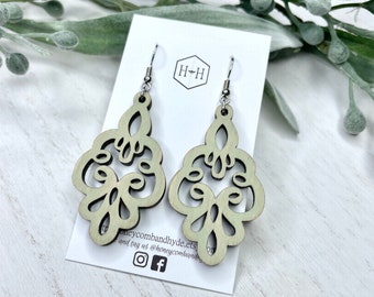 Wood Filigree Earrings, Laser Cut Distressed Earrings, Lightweight