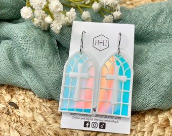 Iridescent Stained Glass Arch Window with Cross Earrings, Acrylic Earrings, Church Window Earrings, Lightweight Earrings