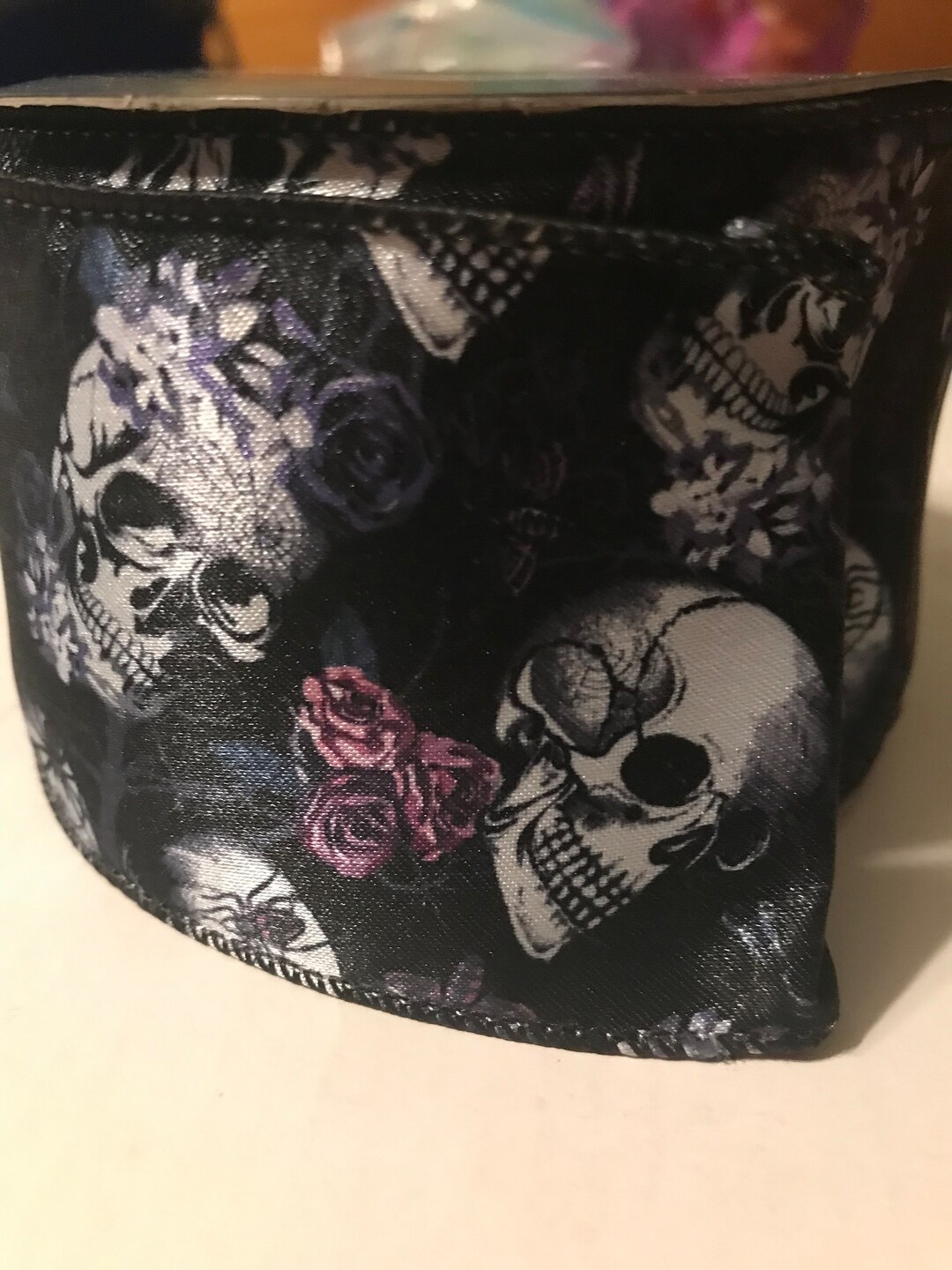 Skull And Roses With Ribbon Halloween Ribbon - Skulls and Roses on Black Satin Ribbon - 2-1/2