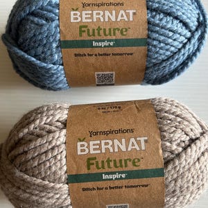 May include: Two skeins of Bernat Future yarn. One is a dusty blue, the other is a light brown. Each skein has a brown paper label with the brand name, yarn type, and the phrase "Stitch for a better tomorrow."