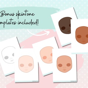 May include: Five printable doll face templates with different skin tones. The templates include a blank face, a light skin tone, a medium skin tone, a dark skin tone, and a brown skin tone. The text "Bonus skintone templates included!" is written at the top of the image.
