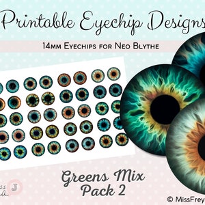 Printable Eyechip Designs - 14mm Realistic Eyes for Neo Blythe Doll - Greens Mix Pack 2