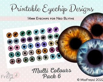 Druckbare Eyechip Designs - 14mm Realistische Augen für Neo Blythe Doll - Multi Colors Pack 6