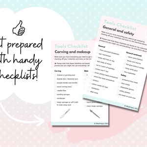 May include: Two pink checklists with black text. The first checklist is titled "Carving and Makeup" and includes tools for carving and makeup. The second checklist is titled "General and Safety" and includes tools for general crafting and safety.