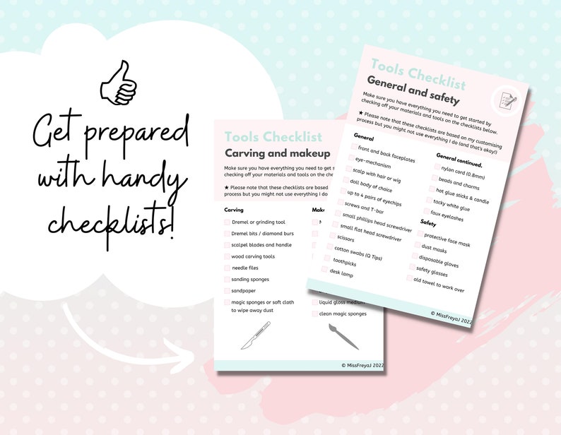 May include: Two pink checklists with black text. The first checklist is titled "Carving and Makeup" and includes tools for carving and makeup. The second checklist is titled "General and Safety" and includes tools for general crafting and safety.