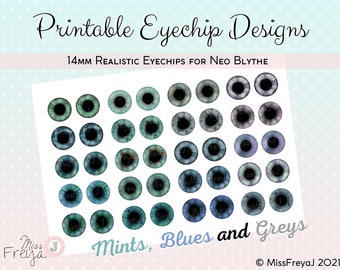 Printable Eyechip Designs - 14mm Realistic Eyes for Neo Blythe Doll - Mints, Blues and Greys Set