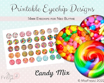 Druckbare Augenchip Designs - 14mm Augen für Neo Blythe Doll - Candy Mix, Gummy Worms, Lolly Pop, Jelly Beans, Lollies, Süßigkeiten