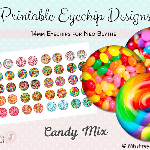Printable Eyechip Designs - 14mm Eyes for Neo Blythe Doll - Candy Mix, Gummy Worms, Lolly Pop, Jelly Beans, Lollies, Sweets