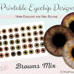 Desenhos de chip ocular para impressão - Olhos realistas de 14 mm para boneca Neo Blythe - Browns Mix