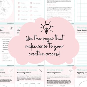May include: A pink and green checklist for doll making with the text "Use the pages that make sense to your creative process!" in a white cloud.