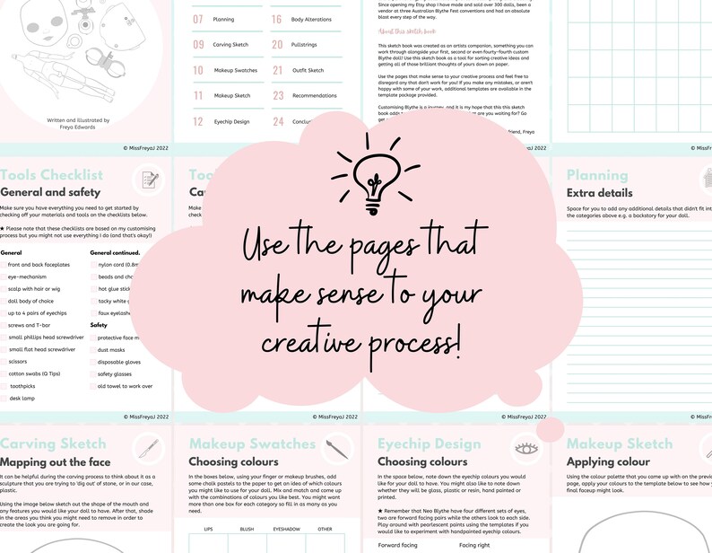 May include: A pink and green checklist for doll making with the text "Use the pages that make sense to your creative process!" in a white cloud.