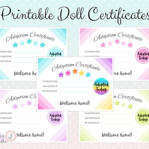 Afdrukbaar pop-adoptiecertificaat - voor pop-aanpassers, Blythe Doll-artiesten, herboren artiesten - 5 ontwerpen
