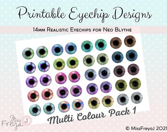 Printable Eyechip Designs - 14mm Realistic Eyes for Neo Blythe Doll - Multi Colours Pack 1