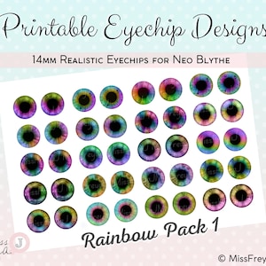 Printable Eyechip Designs - 14mm Realistic Eyes for Neo Blythe Doll - Rainbow Pack 1