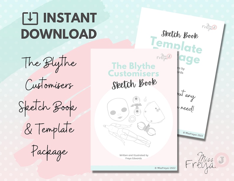 May include: A digital download package for Blythe doll customizers. The package includes a sketch book and templates for creating custom Blythe dolls. The cover of the sketch book features a line drawing of a Blythe doll and various doll parts.