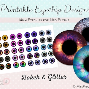 Afdrukbare oogchipontwerpen - 14 mm realistische ogen voor Neo Blythe Doll - Bokeh en glitter, glitter en glans