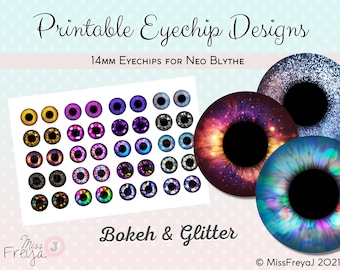 Druckbare Augenchip Designs - 14mm Realistische Augen für Neo Blythe Doll - Bokeh und Glitter, Sparkle and Shine