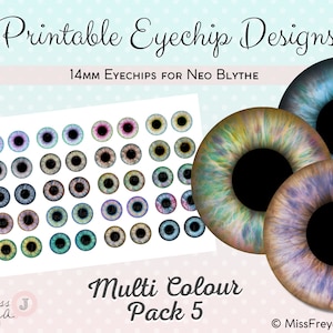 Diseños de chips oculares imprimibles - Ojos realistas de 14 mm para muñeca Neo Blythe - Paquete multicolor 5