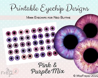 Druckbare Augenchip Designs - 14mm Realistische Augen für Neo Blythe Doll - Pink und Lilas Mix