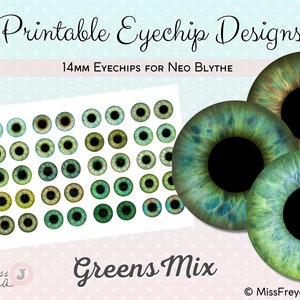 Diseños de chips oculares imprimibles - Ojos realistas de 14 mm para muñeca Neo Blythe - Mezcla de verdes