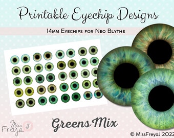 Druckbare Augenchip Designs - 14mm Realistische Augen für Neo Blythe Doll - Grüntöne