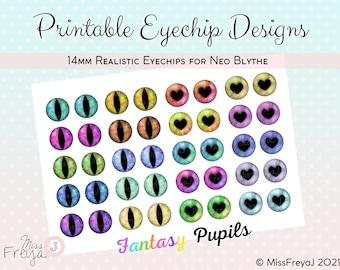 Printable Eyechip Designs - 14mm Realistic Eyes for Neo Blythe Doll - Fantasy Pupils Set