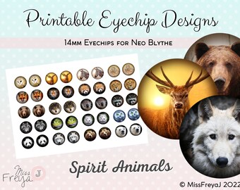 Druckbare Augenchip Designs - 14mm Augen für Neo Blythe Doll - Geistertiere, Löwe, Tiger, Bär, Frosch, Wolf, Koala, Eule, Fuchs, Hirsch, Panda