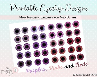 Druckbare Augenchip Designs - 14mm Realistische Augen für Neo Blythe Doll - Lila, Pink und Rot Set