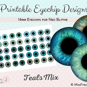 Printable Eyechip Designs - 14mm Realistic Eyes for Neo Blythe Doll - Teals Mix