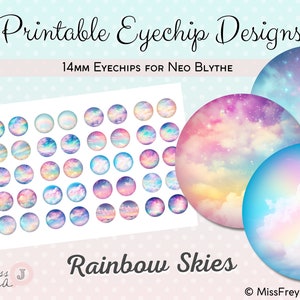 印刷可能なアイチップデザイン - ネオブライス人形用 14 mm ファンタジーアイ - Rainbow Skies