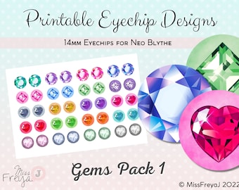 Druckbare Augenchip Designs - 14mm Augen für Neo Blythe Doll - Edelsteine, Juwelen, Edelsteine, Kristalle, Herzen, Diamanten, Fantasie, Geburtssteine