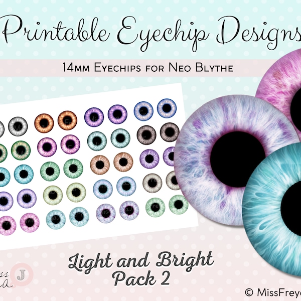 Printable Eyechip Designs - 14mm Realistic Eyes for Neo Blythe Doll - Light and Bright Pack 2