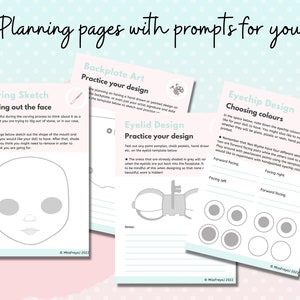May include: Printable planning pages for doll making with prompts for carving, backplate art, eyelid design, and eyechip design. The pages include instructions and templates for creating a doll's face, backplate, eyelids, and eyechips.