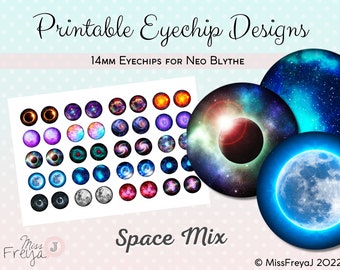 Druckbare Augenchip Designs - 14mm Augen für Neo Blythe Doll - Space Mix, Sun Eclipse, Moon, Galaxy, Nebula, Luna