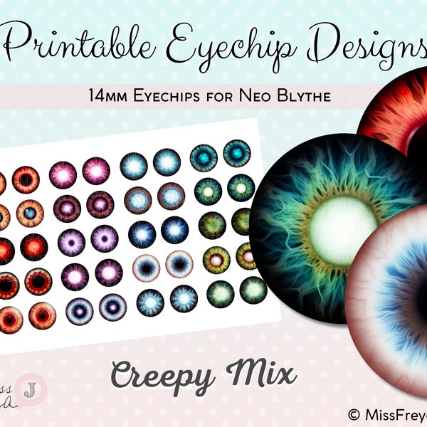 Printable Eyechip Designs - 14mm Realistic Eyes for Neo Blythe Doll - Creepy Mix