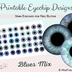 Printable Eyechip Designs - 14mm Realistic Eyes for Neo Blythe Doll - Blues Mix