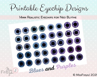 Printable Eyechip Designs - 14mm Realistic Eyes for Neo Blythe Doll - Blues and Purples Set