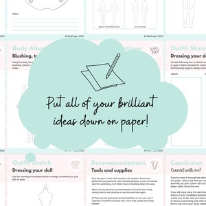 May include: A printable worksheet with a light blue and pink background. The worksheet is for designing and sketching doll outfits. The worksheet includes a mannequin template, a section for recommendations and tools, and a section for outfit sketches.