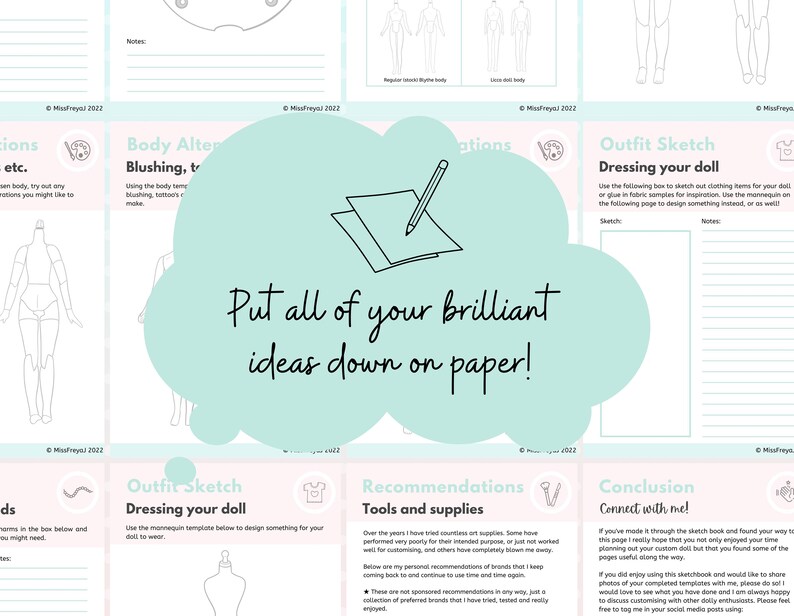 May include: A printable worksheet with a light blue and pink background. The worksheet is for designing and sketching doll outfits. The worksheet includes a mannequin template, a section for recommendations and tools, and a section for outfit sketches.