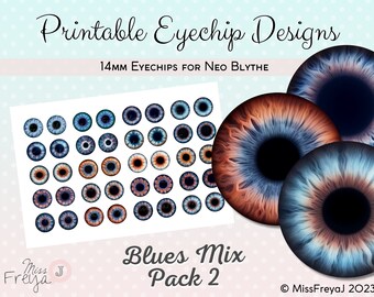 Druckbare Augenchip Designs - 14mm Realistische Augen für Neo Blythe Doll - Blues Mix Pack 2