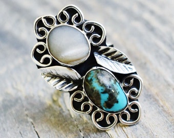 Old Pawn Vintage Turquoise and Mother of Pearl Ring