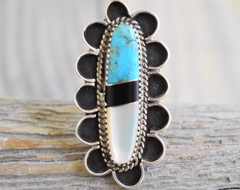 Native American Vintage Inlay Turquoise, Onyx, and Mother of Pearl Ring