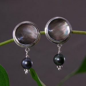 Pearl Earrings, Black Mother-Of-Pearl and Blue Green Ravens Wing Pearl Drop, Sterling Silver